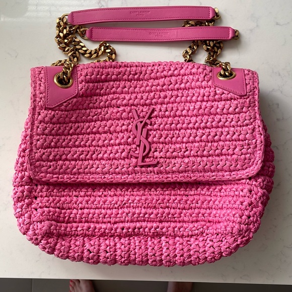 YSL medium Niki pink raffia shoulder bag - Picture 6 of 17